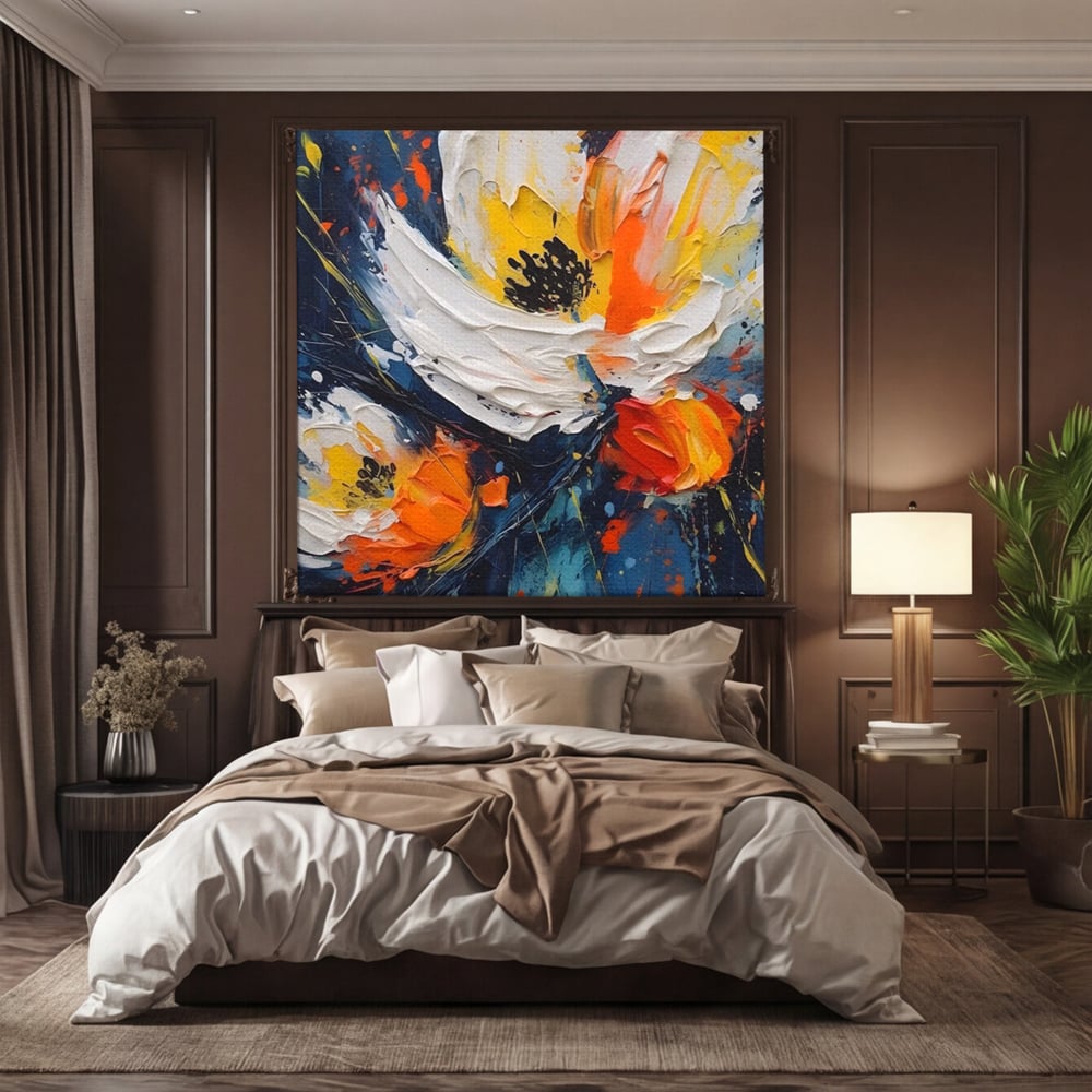 Tablou canvas cu pictura abstracta cu flori texturate, fara rama, pe sasiu de lemn, pe perete intr-un dormitor